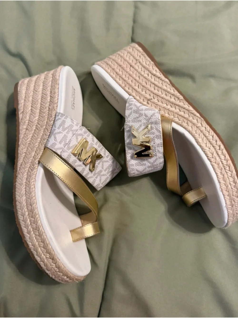 Michael Kors Gold & Beige Logo Espadrille Wedge Sandals
